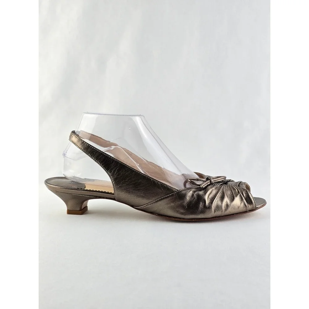 Amalfi Women's Metallic Leather Bow Peep Toe Slingback Kitten Heels Bronze 10 - Picture 16 of 16